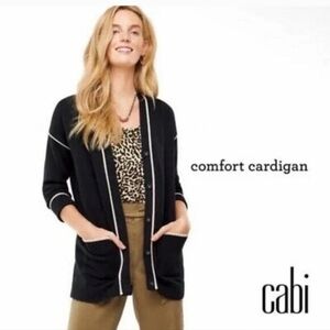 CAbi Cardigan Black with white piping Women's size Medium